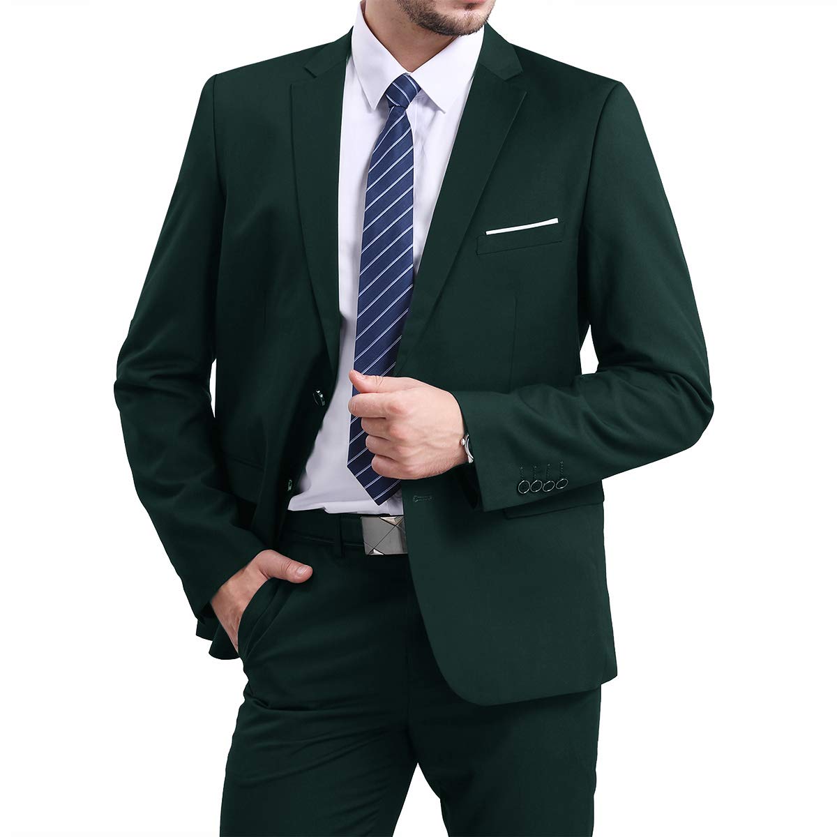 YFFUSHI Mens Slim Fit Blazer Two-Button Casual Suit Jacket Dark Green