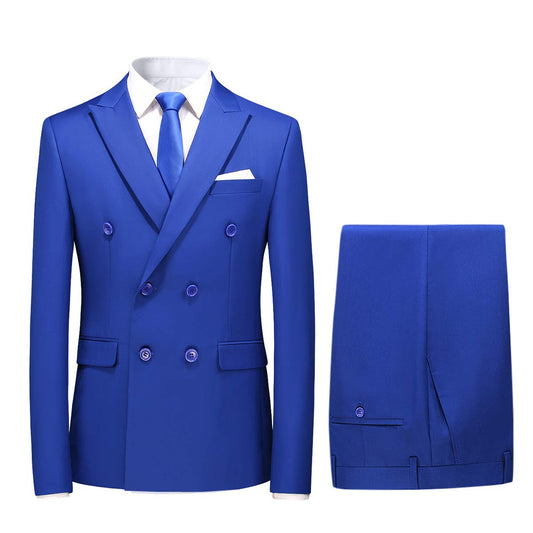 YFFUSHI Mens 2 Piece Dress Suits Double Breasted Solid Formal Casual Tuxedo Trousers Set Blue