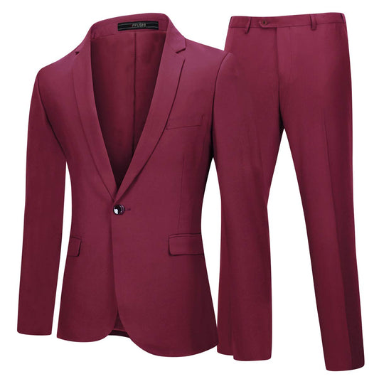 YFFUSHI Mens 2 Piece Suits One Button Formal Slim Fit Solid Color Wedding Tuxedo Wine Red