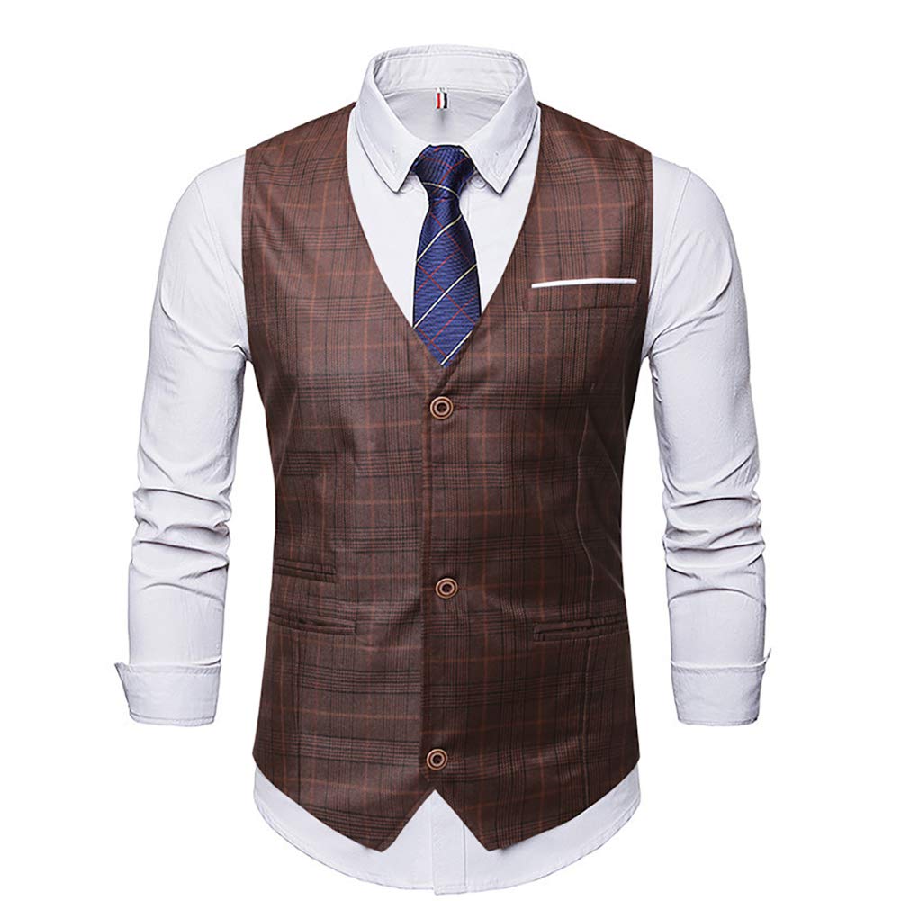 YFFUSHI Mens Vests V-Neck Plaid Slim Fit Single Breasted Waistcoat 3 Buttons Brown