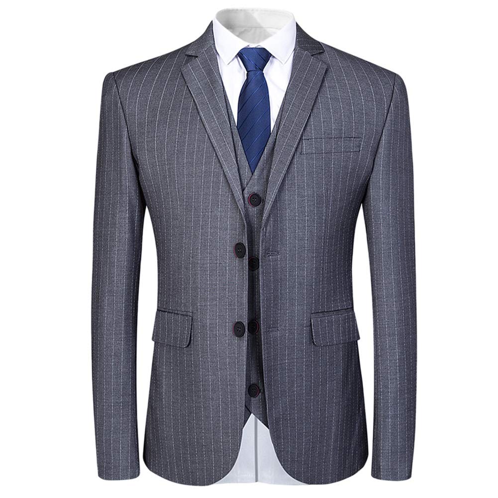 Mens Grey Formal Pinstripe Slim Fit Notched Lapel 3 Piece Suit