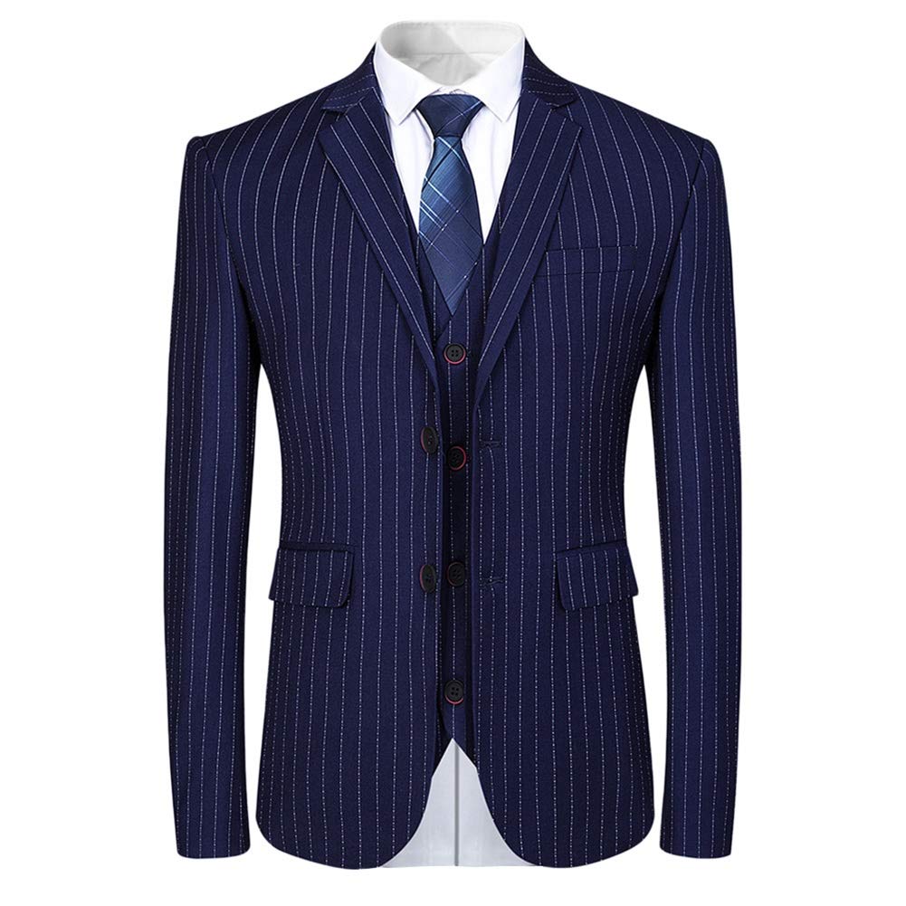 Mens Blue Formal Pinstripe Slim Fit Notched Lapel 3 Piece Suit