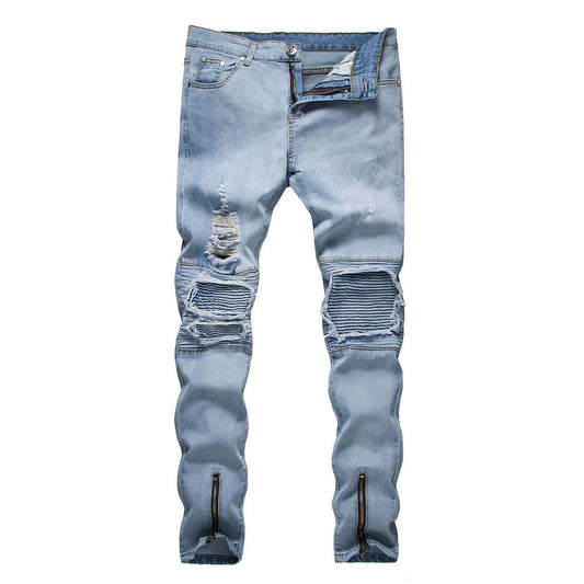 YFFUSHI Mens Ripped Stretch Jeans Distressed Holes Comfy with Zipper Slim Fit Denim Pants Light Blue