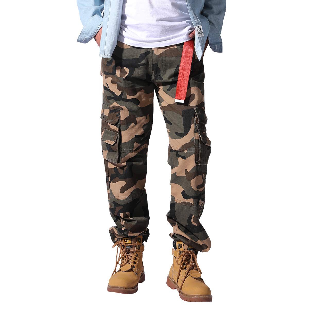 YFFUSHI Mens Camo Cargo Pants Cotton Casual Straight Leg Work Pants with Multi Pockets K18 Camo Green