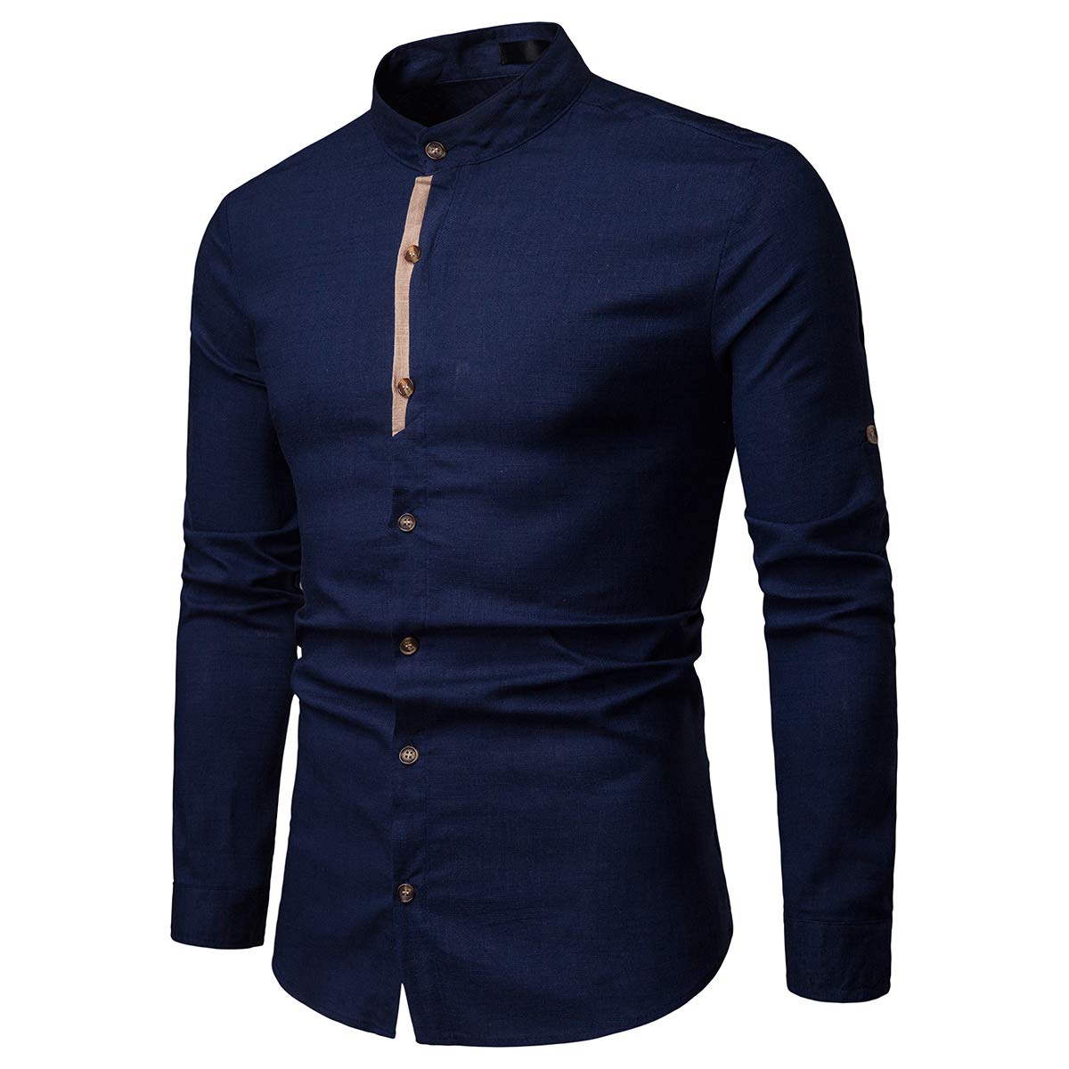 YFFUSHI Mens Long Sleeve Linen Shirts Standard fit Solid Color Casual Button Down Shirts Navy