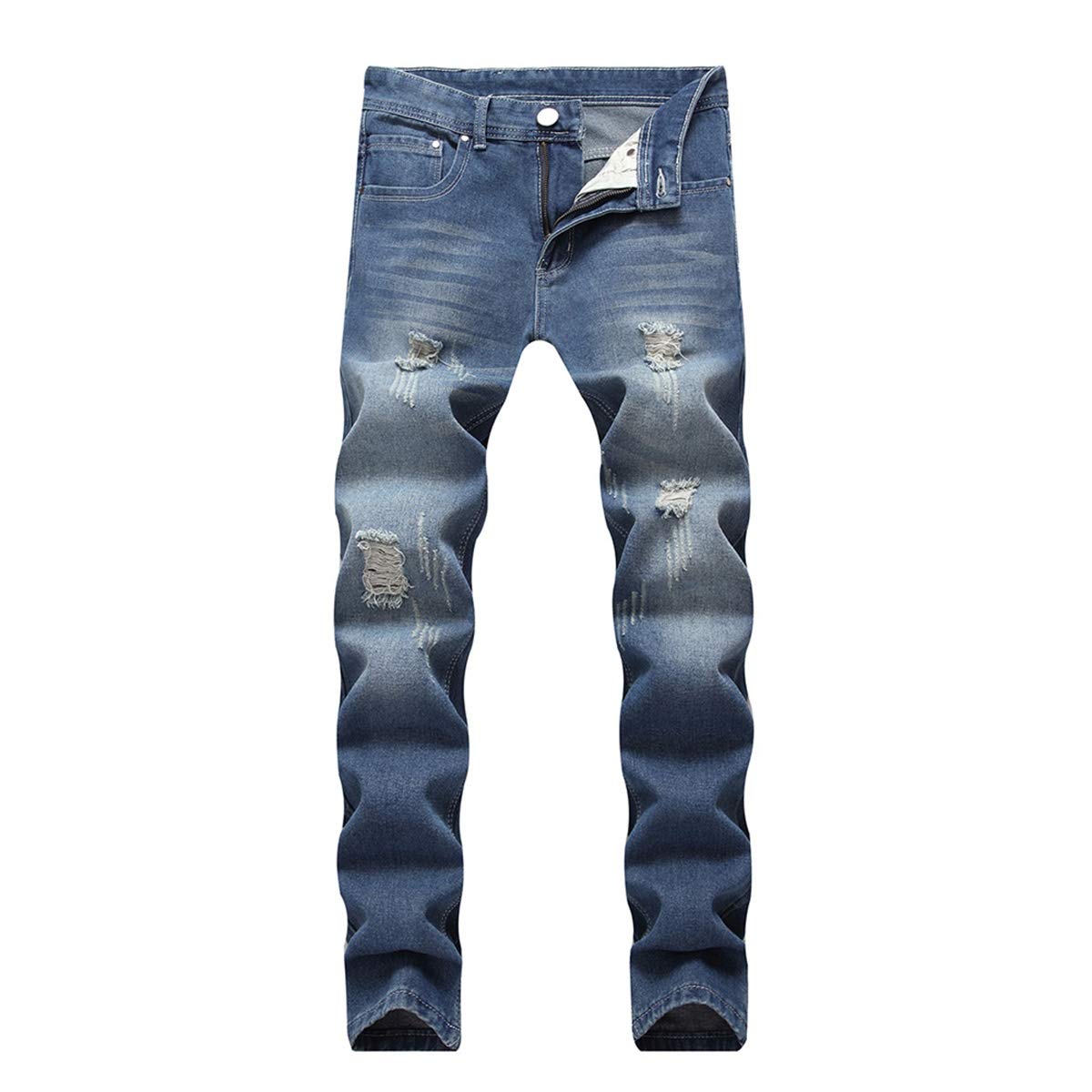 YFFUSHI Mens Ripped Distressed Stretch Jeans Pants Skinny Slim Fit Straight Leg Fashion Pants Blue 4