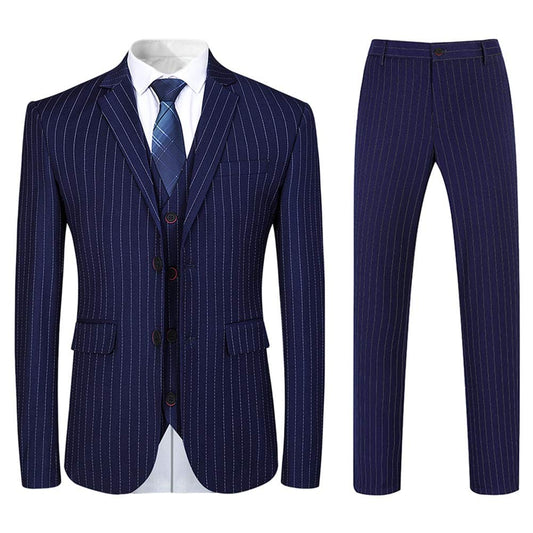 Mens Blue Formal Pinstripe Slim Fit Notched Lapel 3 Piece Suit