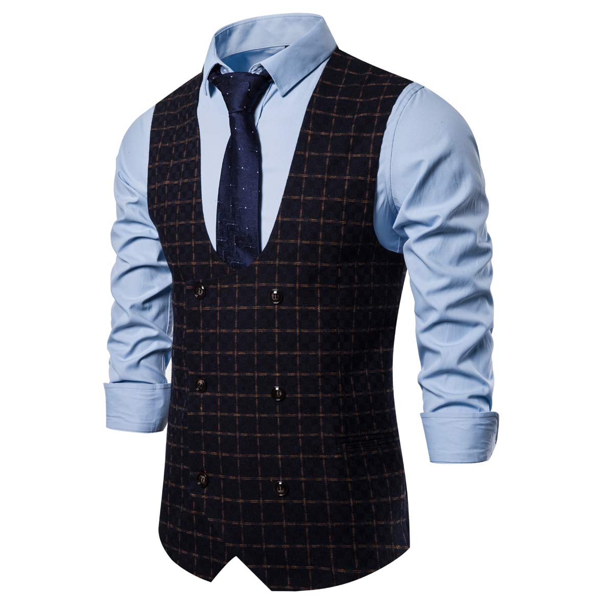 YFFUSHI Mens U Neck Vest Slim Fit Double Breasted Vest Waistcoat Navy&yellow