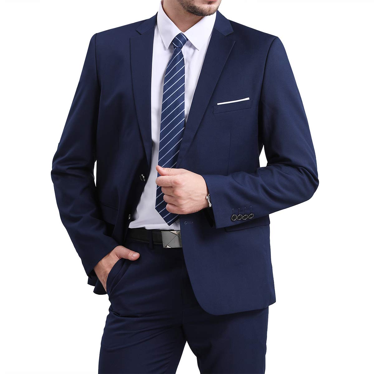 YFFUSHI Mens Slim Fit Blazer Two-Button Casual Suit Jacket Dark Blue