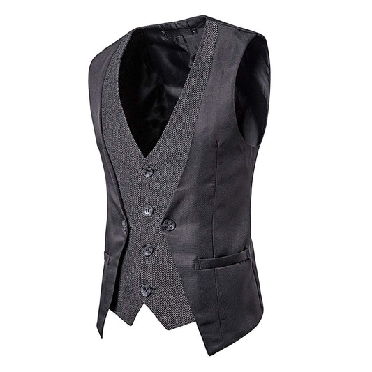 YFFUSHI Men's Layered Herringbone Suit Vest Waistcoat Dark Grey