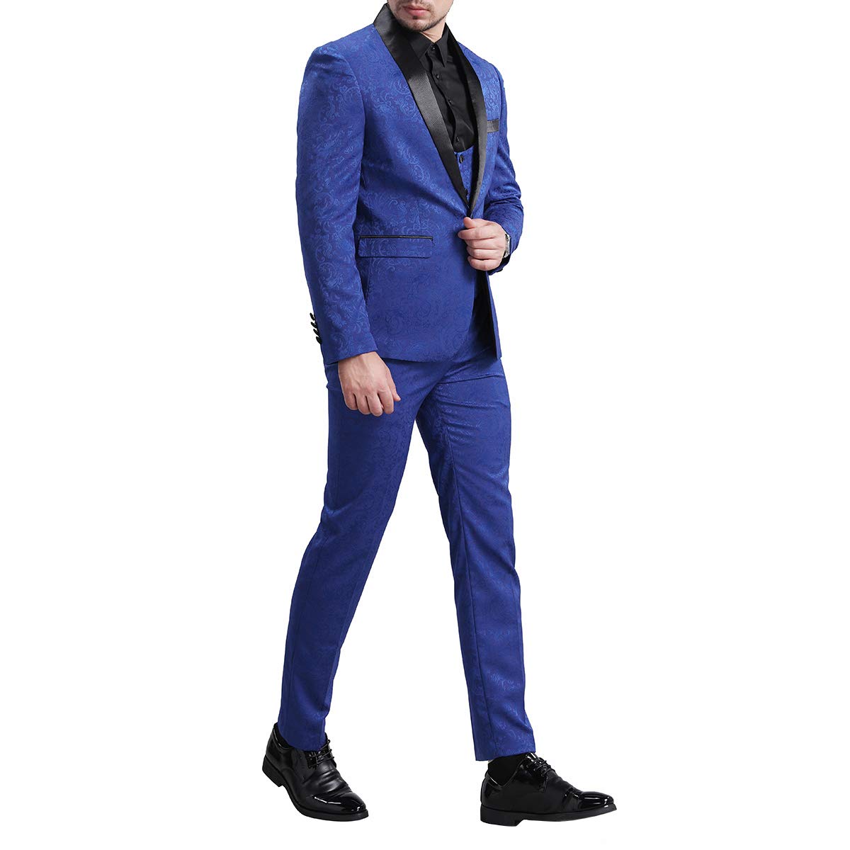 YFFUSHI Men's Elegant Jacquard 3 Piece Suit Slim Fit Royal Tuxedo Blue