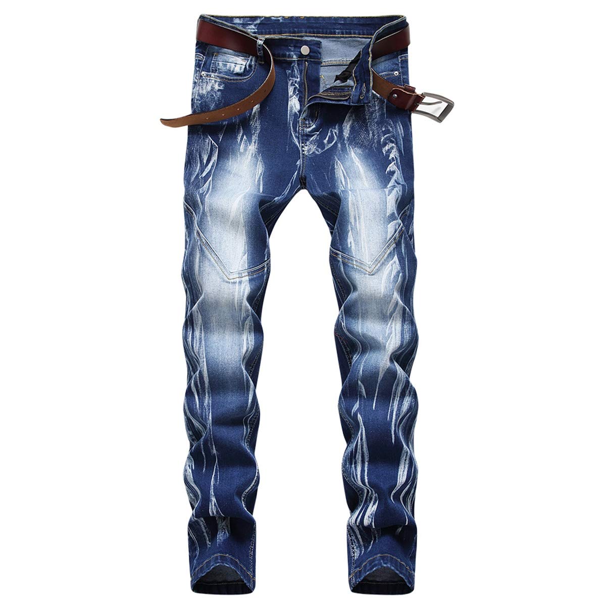 YFFUSHI Men's Distressed Ripped Jeans Long Straight Slim Fit Denim Jeans Casual Pants Trousers Blue 2