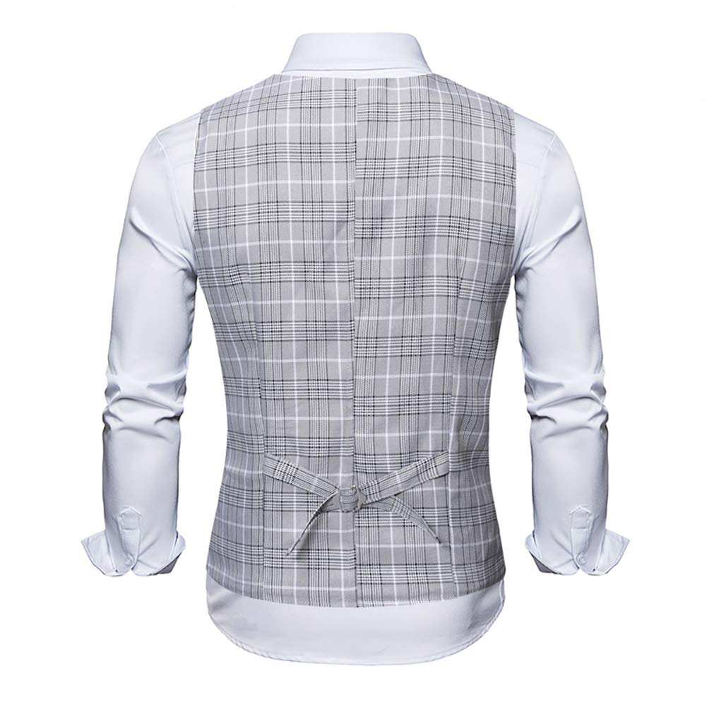 YFFUSHI Mens V-Neck Plaid Slim Fit Formal Single Breasted Vest Waistcoat 3 Buttons Gray