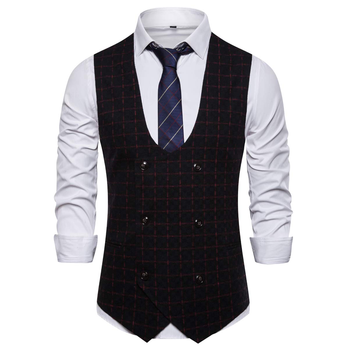 YFFUSHI Mens U Neck Vest Slim Fit Double Breasted Vest Waistcoat Black&red