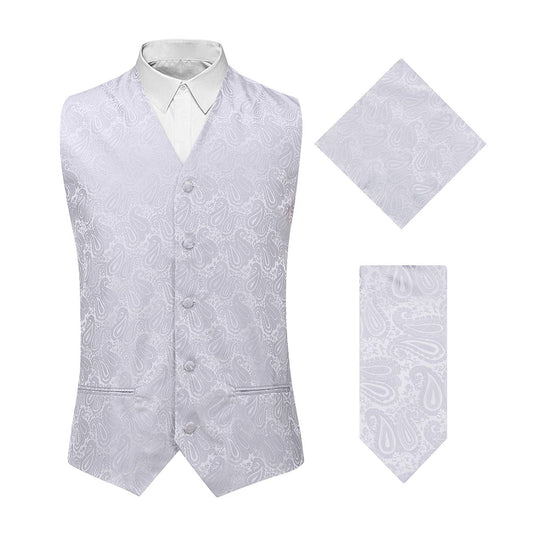 YFFUSHI Men's 3pc Vest Set Floral Waistcoat Necktie Pocket Square Grey