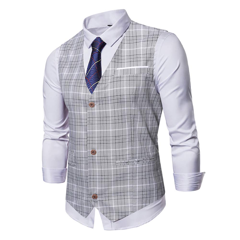 YFFUSHI Mens V-Neck Plaid Slim Fit Formal Single Breasted Vest Waistcoat 3 Buttons Gray