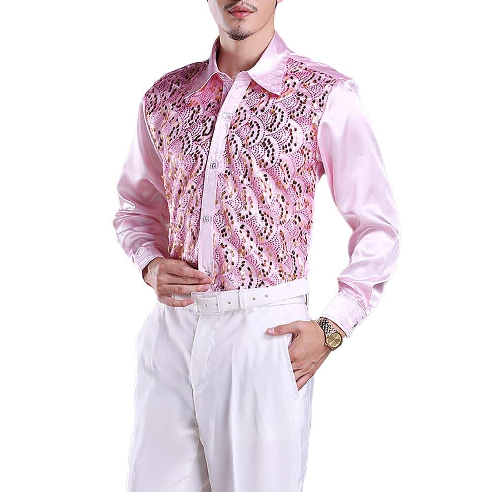 YFFUSHI Mens Slim Fit Sequin Party Shirt Pink