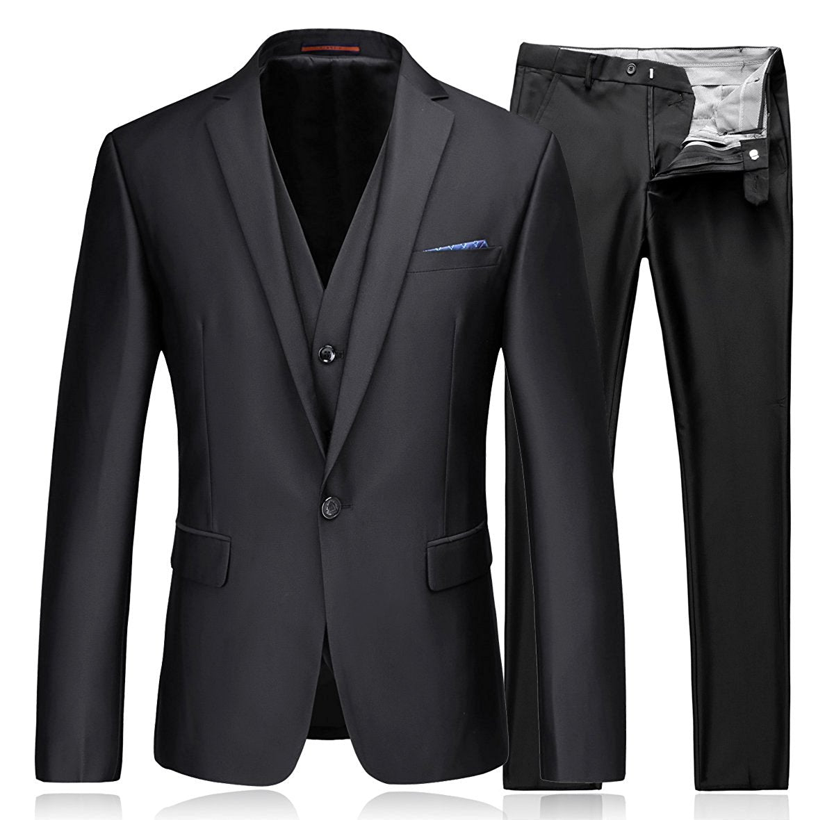 YFFUSHI Men's Slim Fit Center Vent 3 Piece Solid Color Formal Suit Black