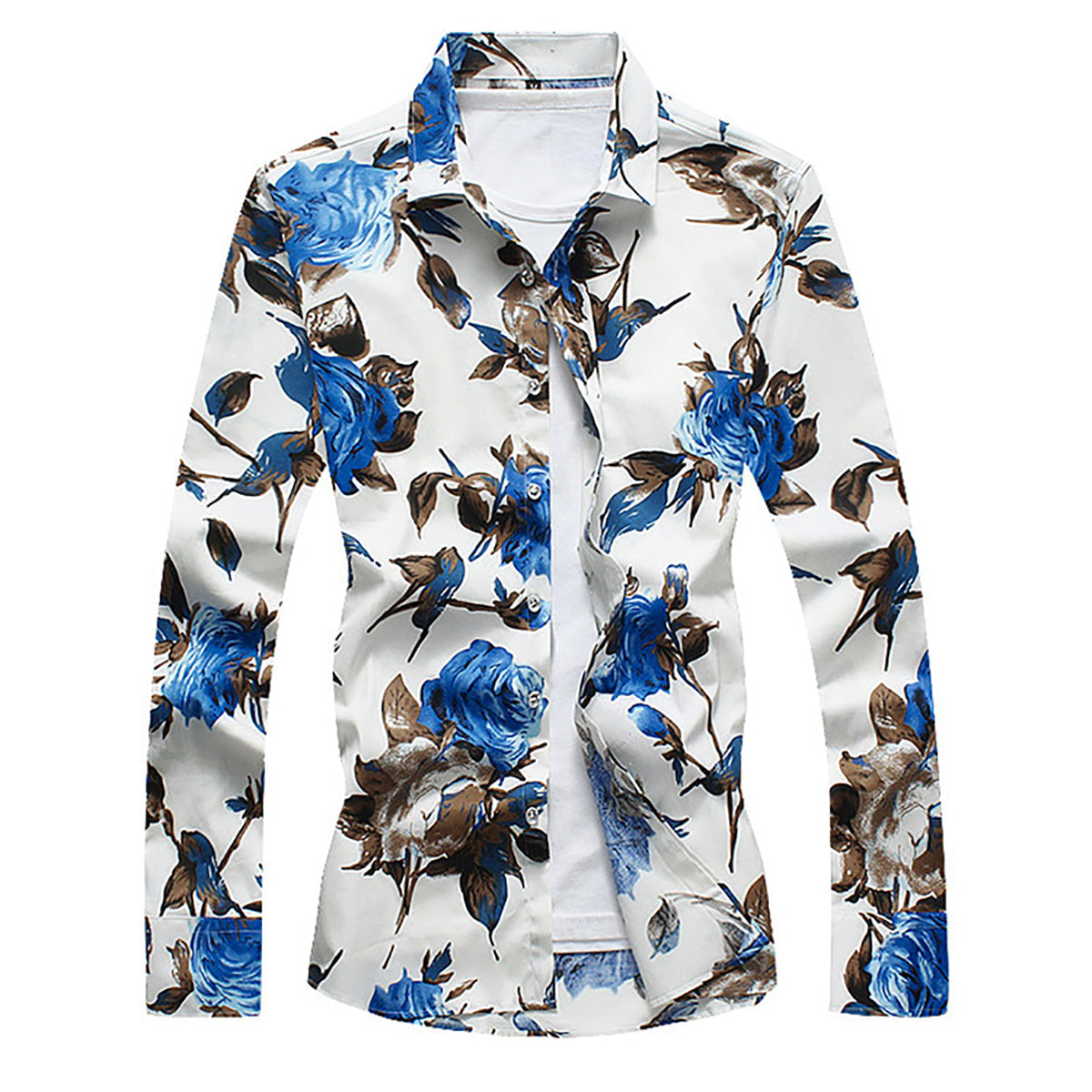 YFFUSHI Slim Fit White Satin Shirt With Blue Flowers