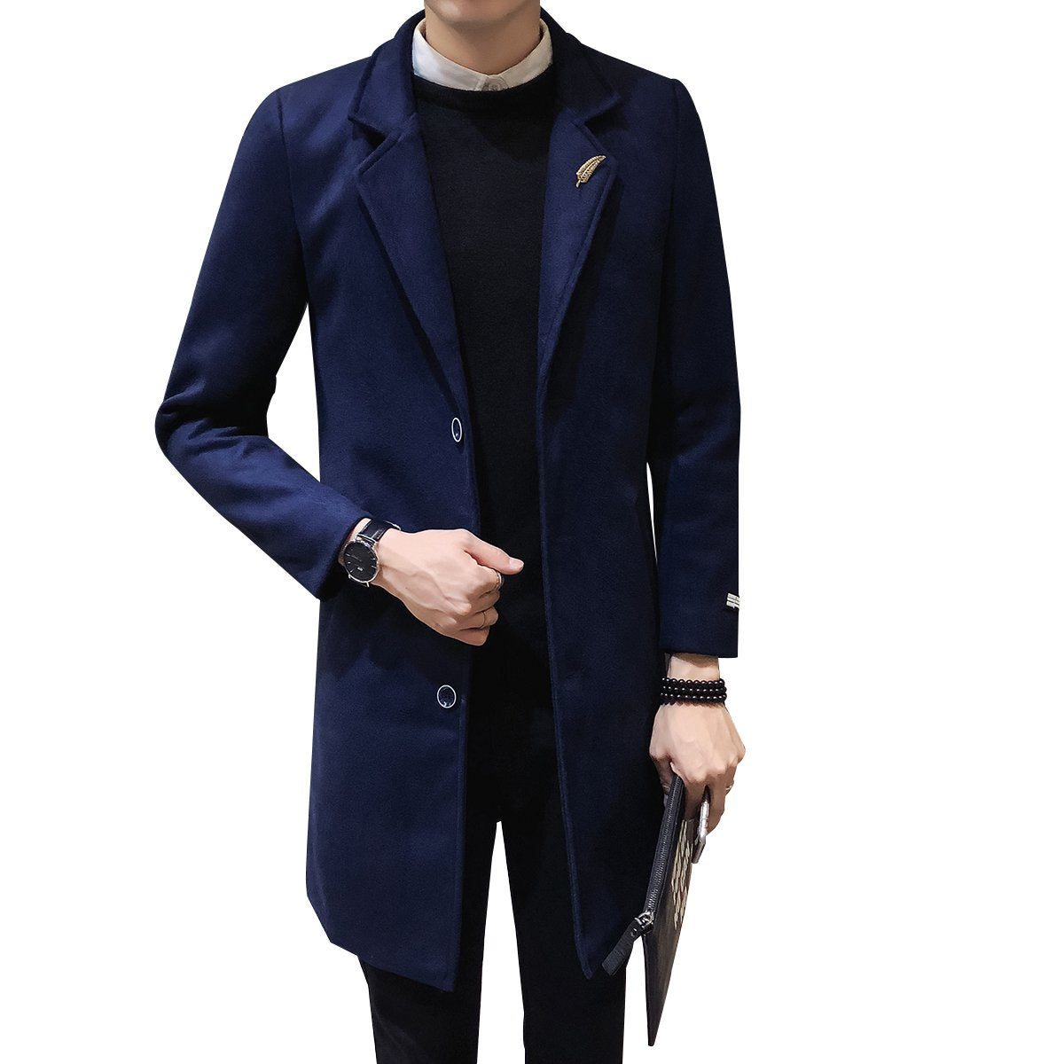 YFFushi Winter Long Button Closer Overcoat Navy