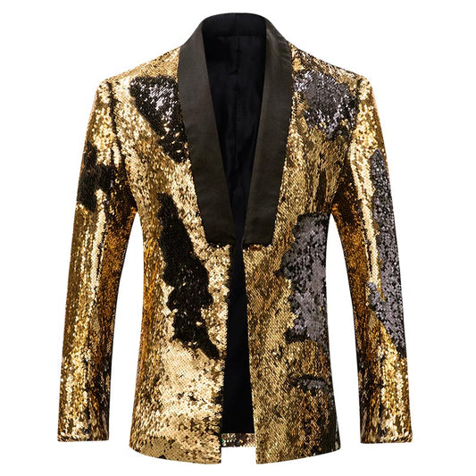 Mens Buttonless Reversible Sequins Gold & Black Blazer With Black Satin Collar