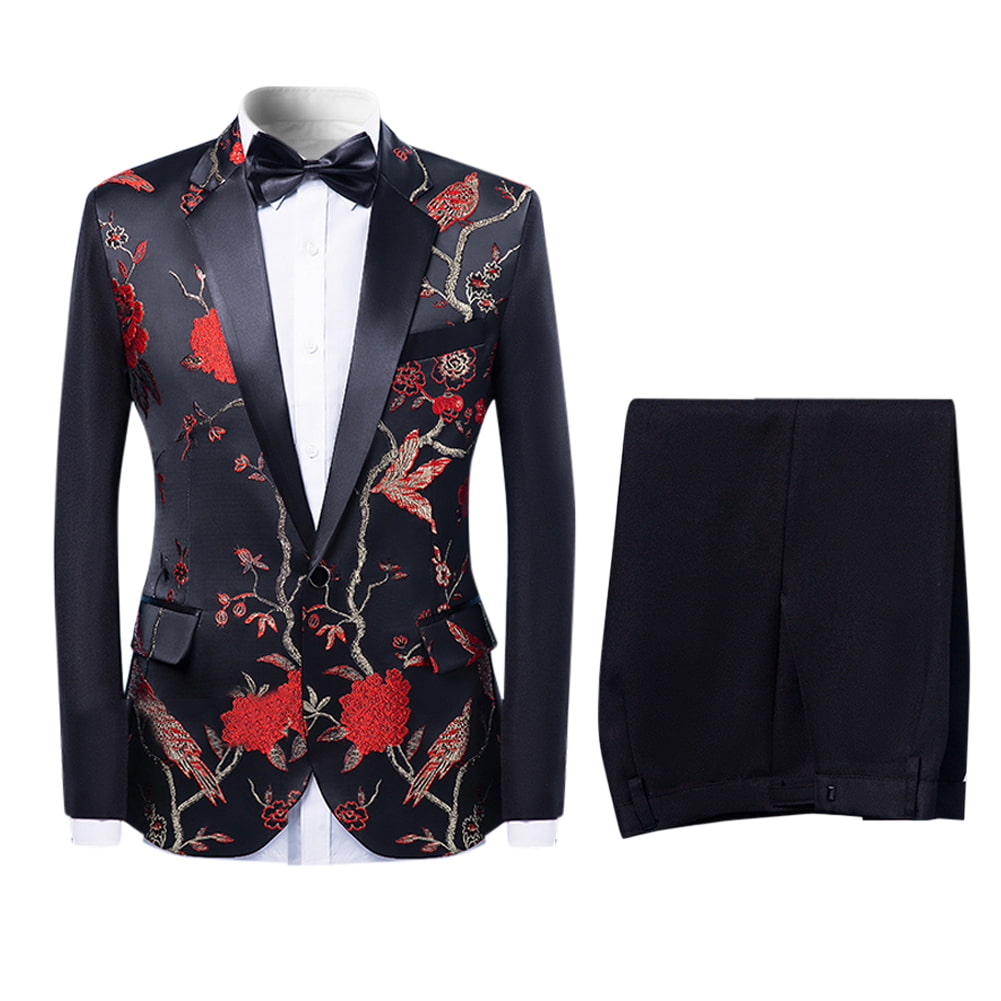 2-Piece Slim Fit Embroidered Red Floral Suit