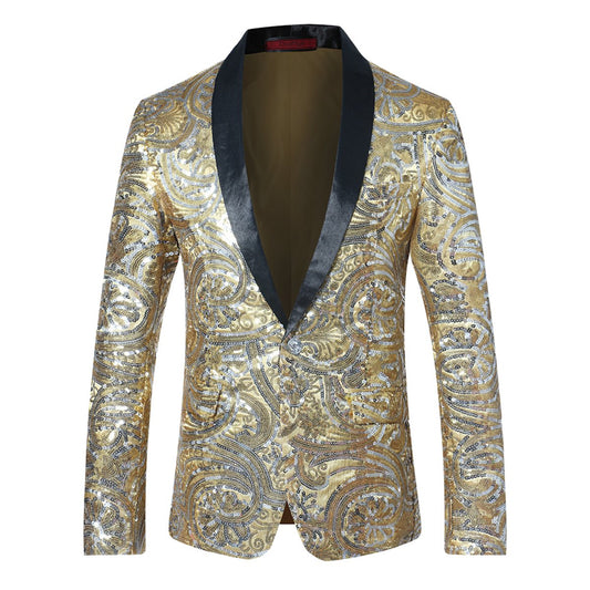 YFFUSHI Mens Party Wedding Sequin Floral Blazer Gold