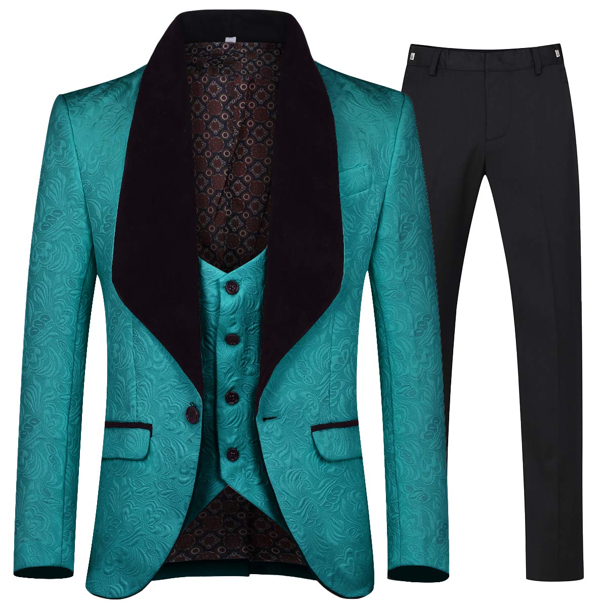 YFFUSHI Men's 3 Piece Suit Jacquard Tuxedo One Button Shawl Collar Green