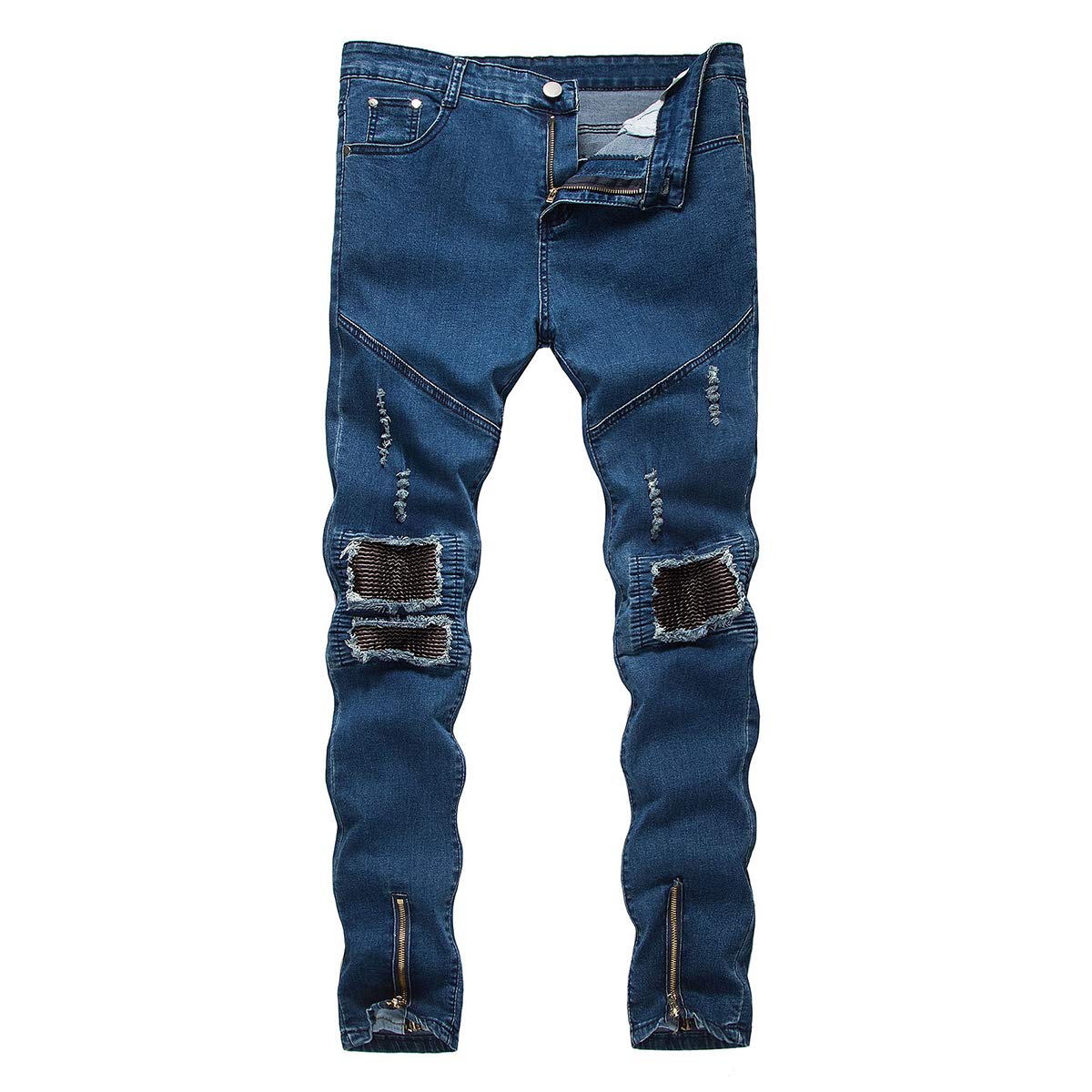 YFFUSHI Mens Ripped Stretch Jeans Distressed Holes Comfy with Zipper Slim Fit Denim Pants Blue