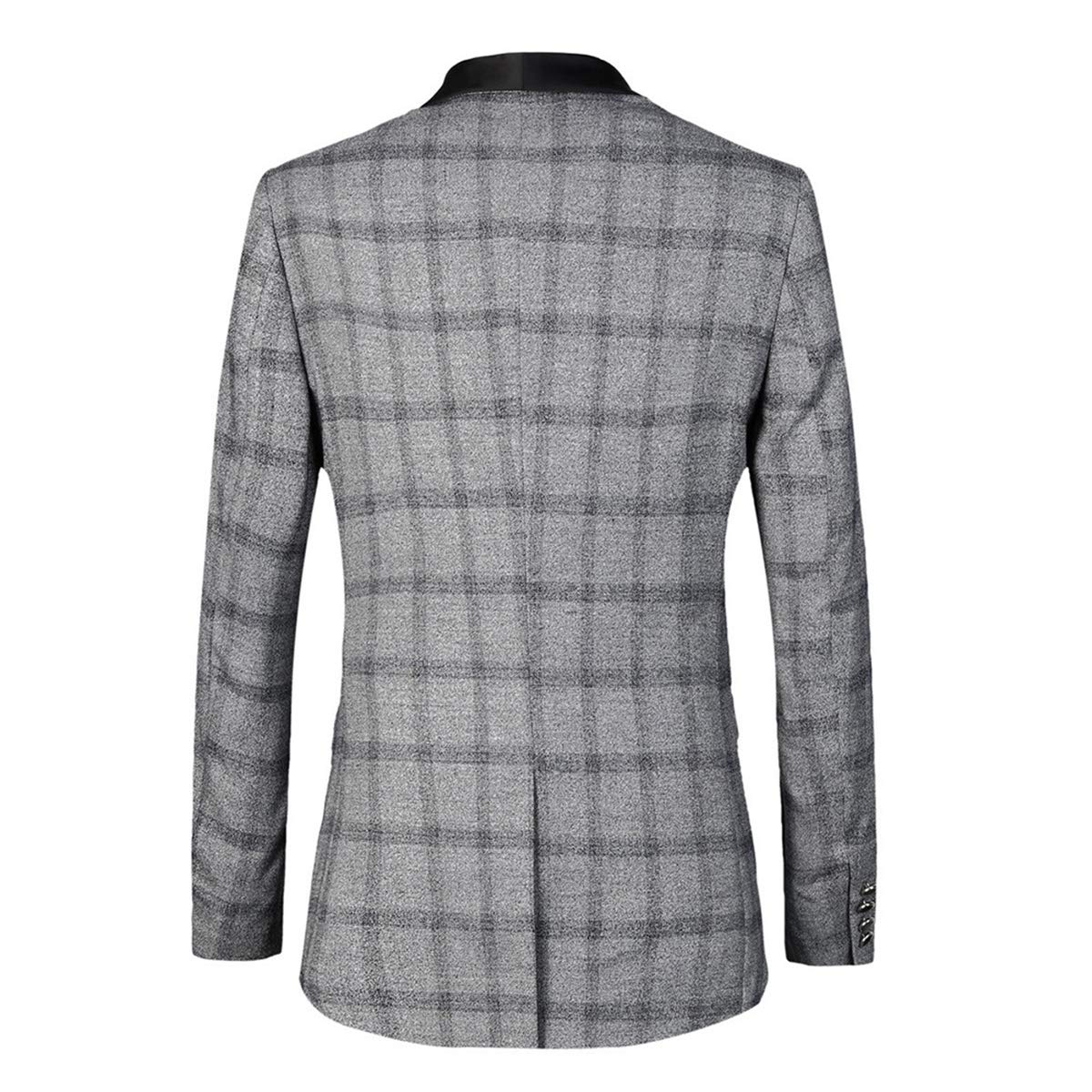 YFFUSHI Mens Plaid Suit Blazer Shawl Collar 1 Button Slim Fit Checked Gray