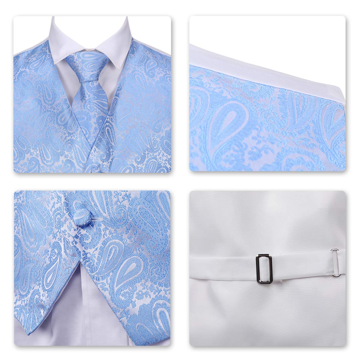 YFFUSHI Men's 3pc Vest Set Floral Waistcoat Necktie Pocket Square Light Blue