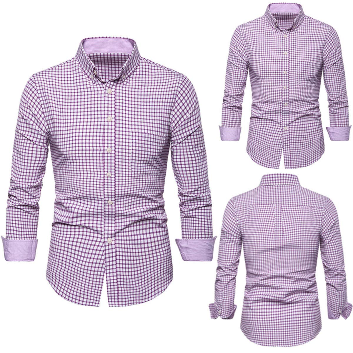 YFFUSHI Mens Cotton Long Sleeves Slim Fit Casual Plaid Stripes Button Down Dress Shirts Plaid-pink