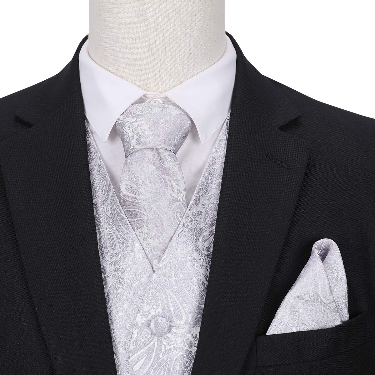 YFFUSHI Men's 3pc Vest Set Floral Waistcoat Necktie Pocket Square Grey