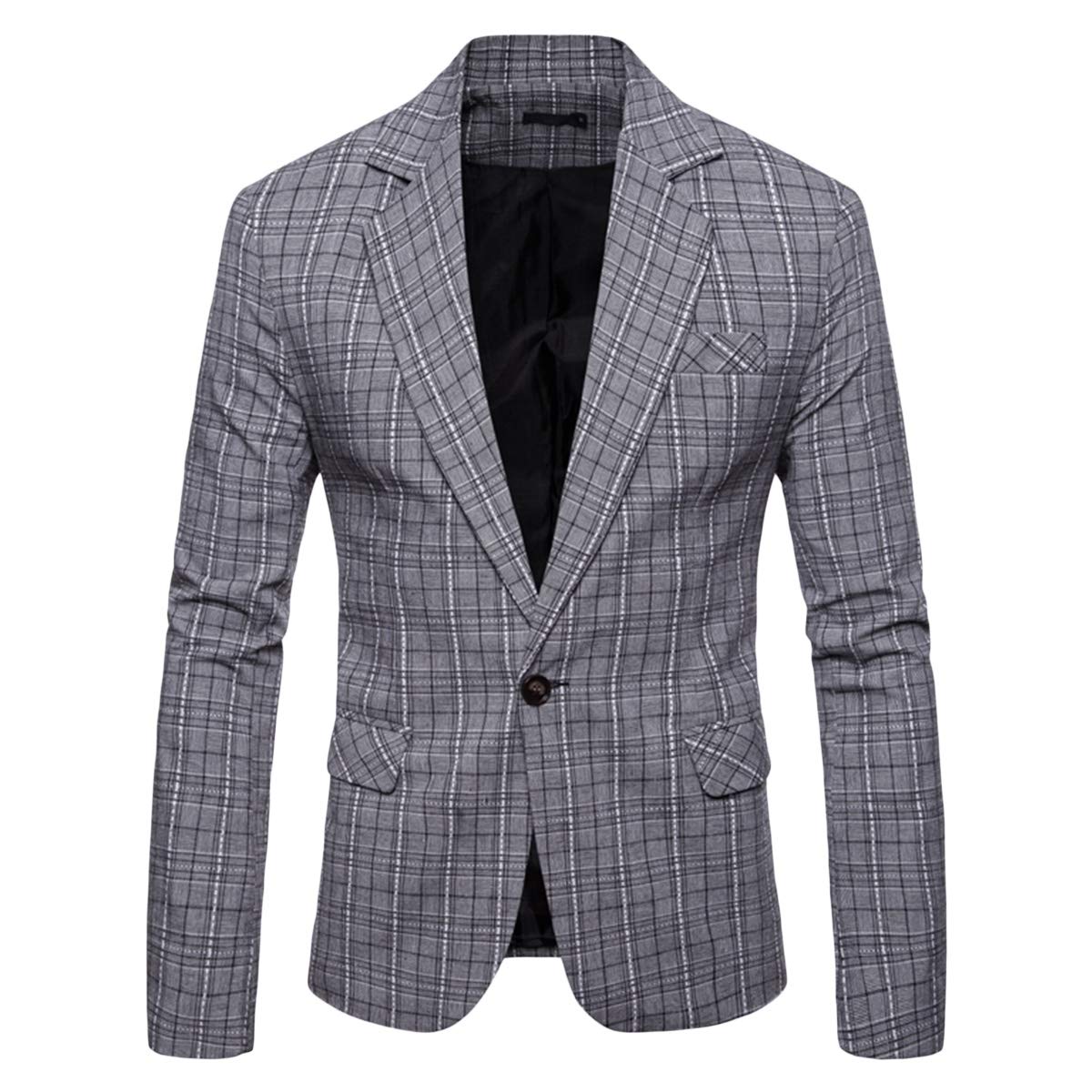 YFFUSHI Mens Plaids Slim Fit One Button Casual Daily Suit Jacket Sport Coat Light Gray