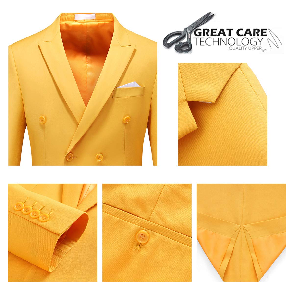 YFFUSHI Mens Double Breasted 3 Piece Suits Slim Fit Dress Business Formal Casual Suit Set Yellow