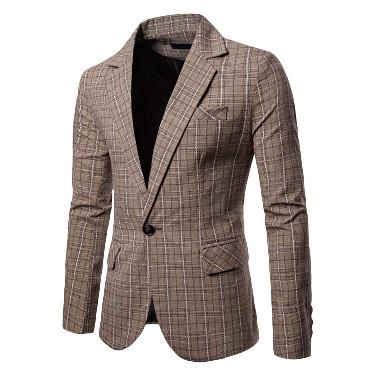 YFFUSHI Mens Plaids Slim Fit One Button Casual Daily Suit Jacket Sport Coat Khaki