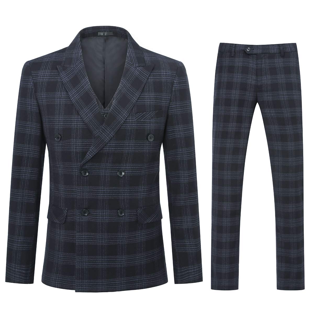 YFFUSHI Mens Plaid 3 Piece Suits Double Breasted Retro Slim Dress Blue Black