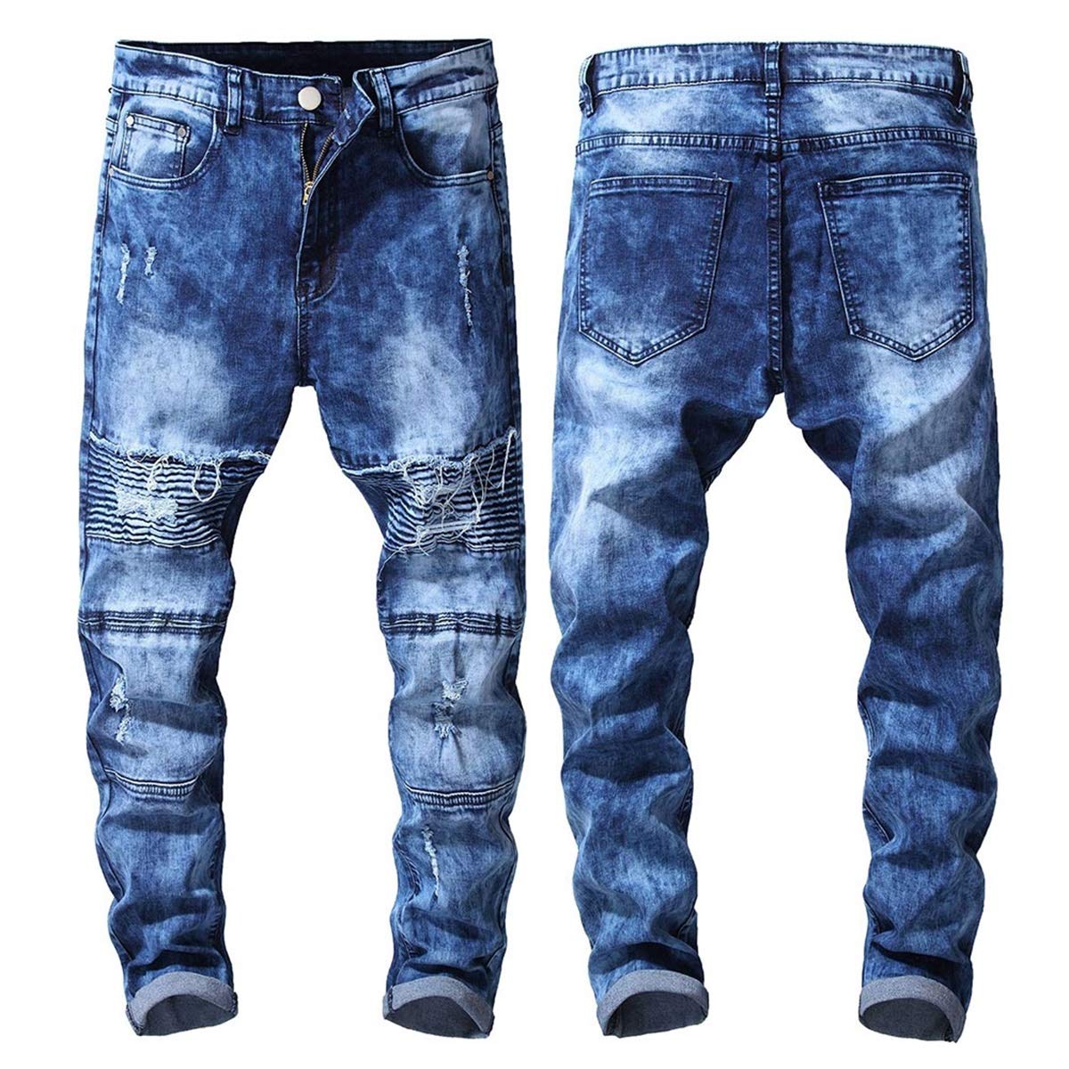 YFFUSHI Men's Distressed Ripped Jeans Long Straight Slim Fit Denim Jeans Casual Pants Trousers Blue 4