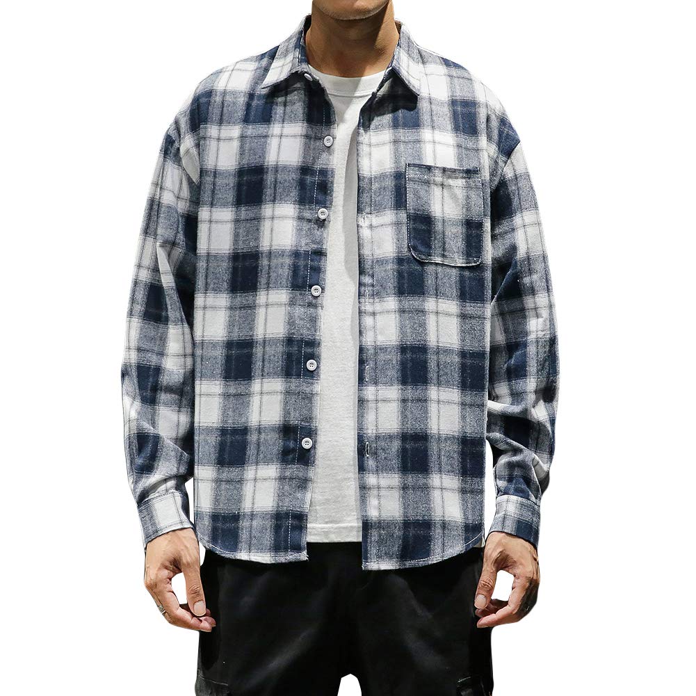 YFFUSHI Mens Plaid Casual Shirt Long Sleeve Button Down Standard-Fit Daily Shirts Navy