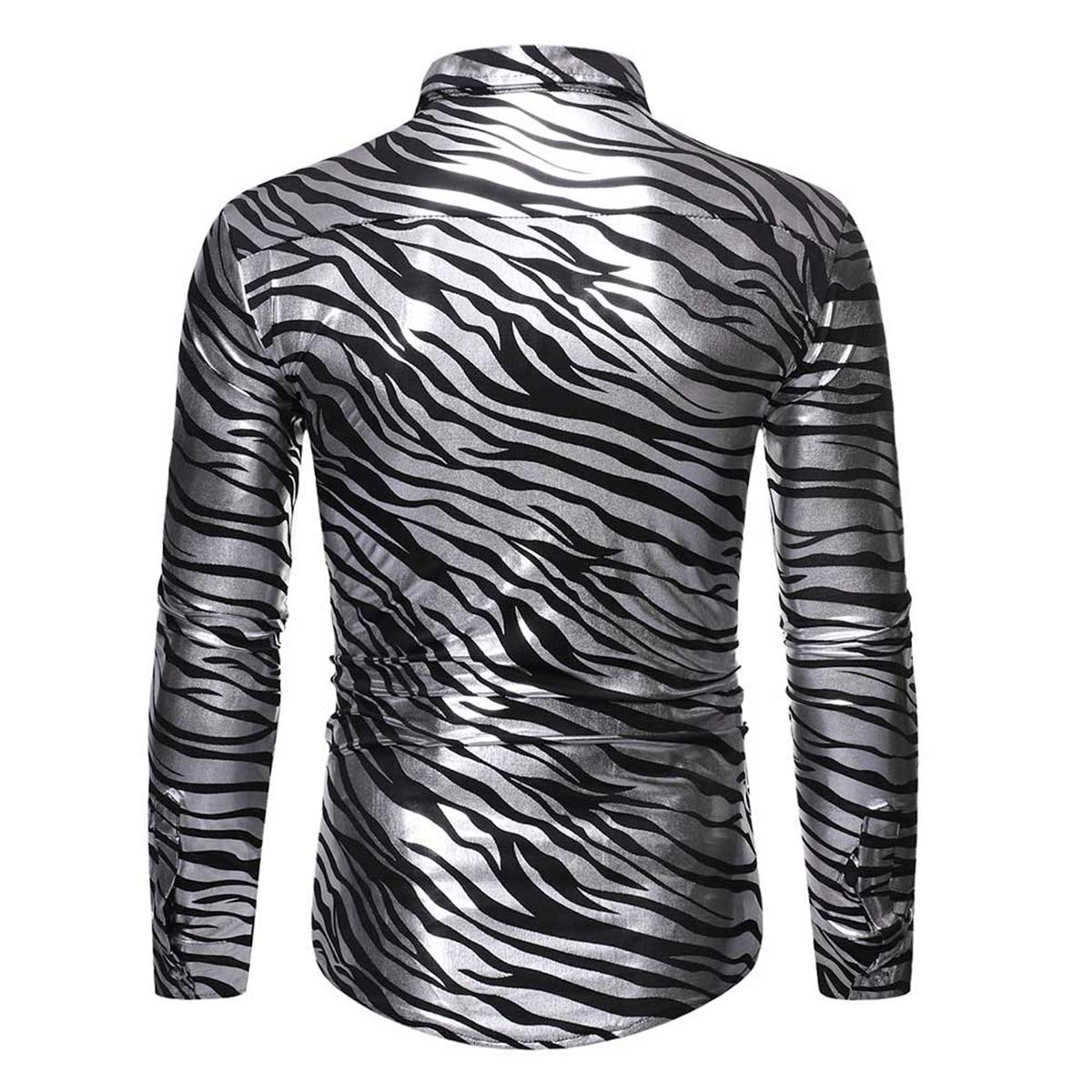 YFFUSHI Mens Casual Long Sleeve Shirt Hot Stamping Luxury Floral Button Down Tops Blouses Silver