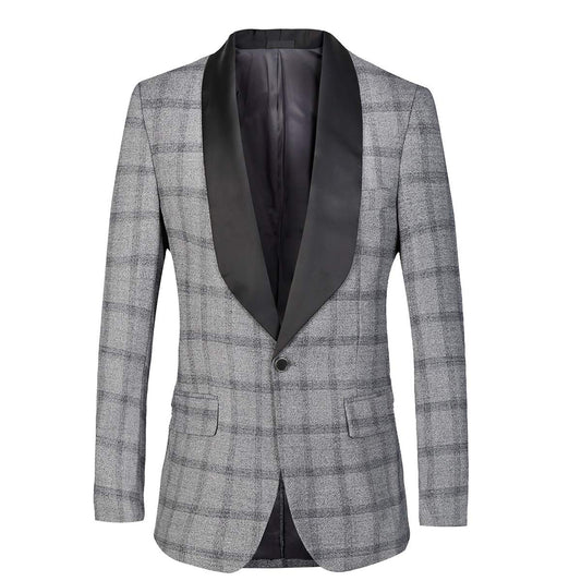 YFFUSHI Mens Plaid Suit Blazer Shawl Collar 1 Button Slim Fit Checked Gray