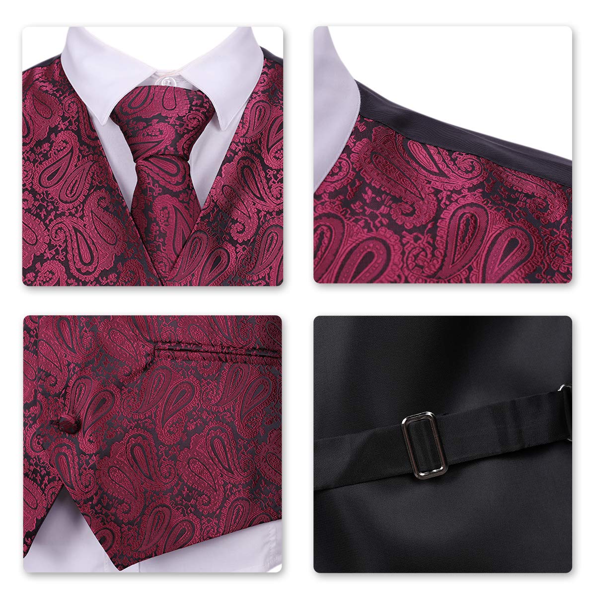 YFFUSHI Men's 3pc Vest Set Floral Waistcoat Necktie Pocket Square Wine Red