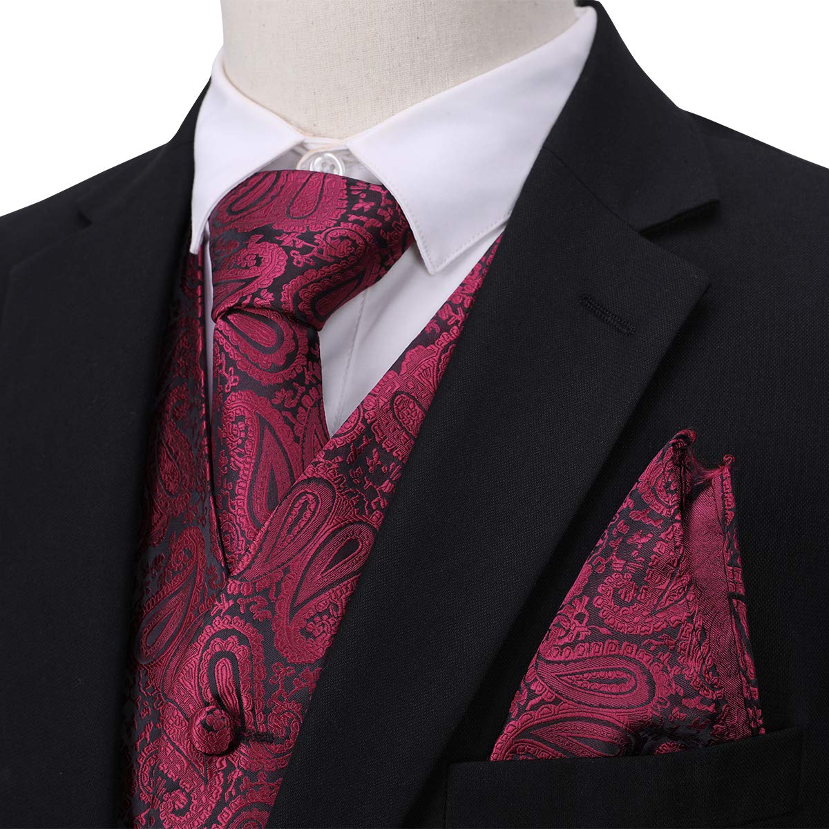 YFFUSHI Men's 3pc Vest Set Floral Waistcoat Necktie Pocket Square Wine Red