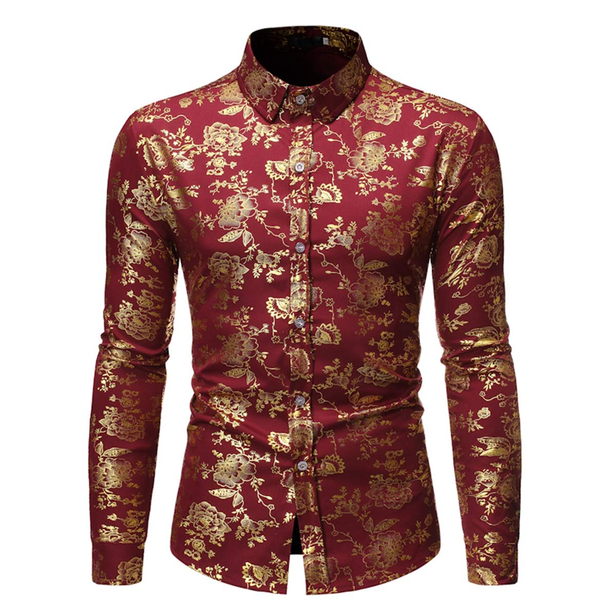 YFFUSHI Men's Flowered Printed Shirt Slim Fit Long Sleeve Dress Button Down Shirt Red