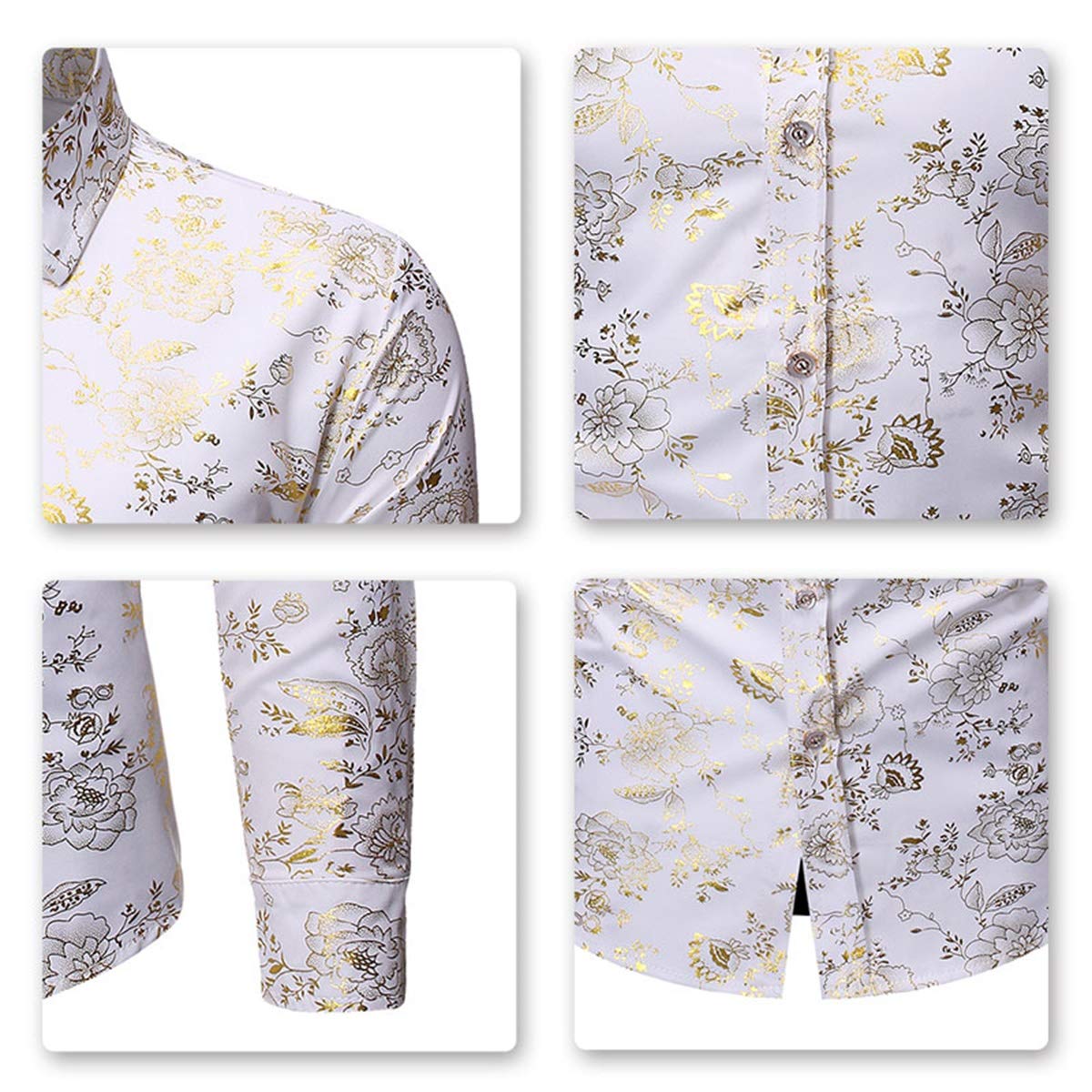 YFFUSHI Men's Flowered Printed Shirt Slim Fit Long Sleeve Dress Button Down Shirt White