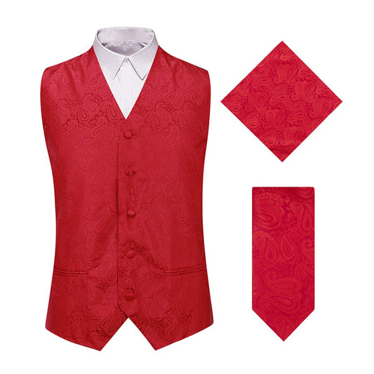 YFFUSHI Men's 3pc Vest Set Floral Waistcoat Necktie Pocket Square Red