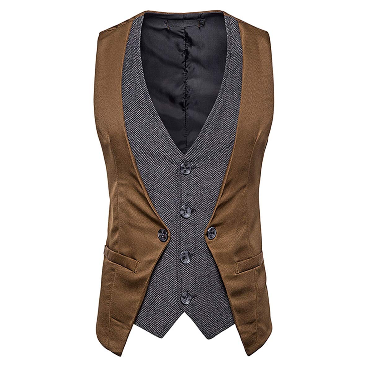 YFFUSHI Men's Layered Herringbone Suit Vest Waistcoat Coffee