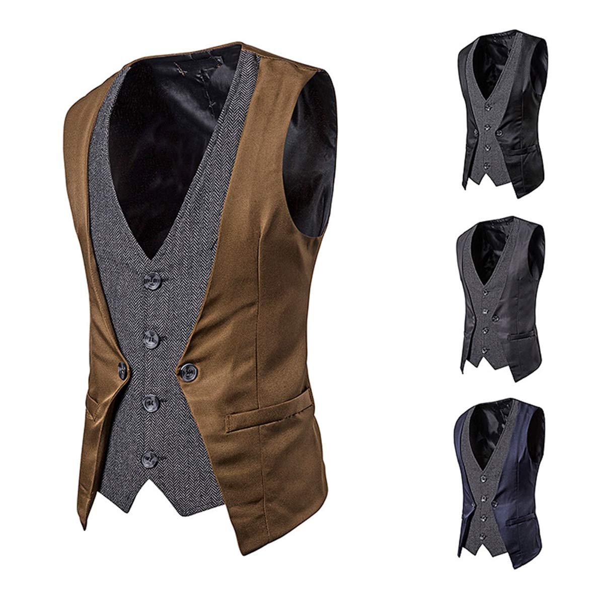 YFFUSHI Men's Layered Herringbone Suit Vest Waistcoat Coffee