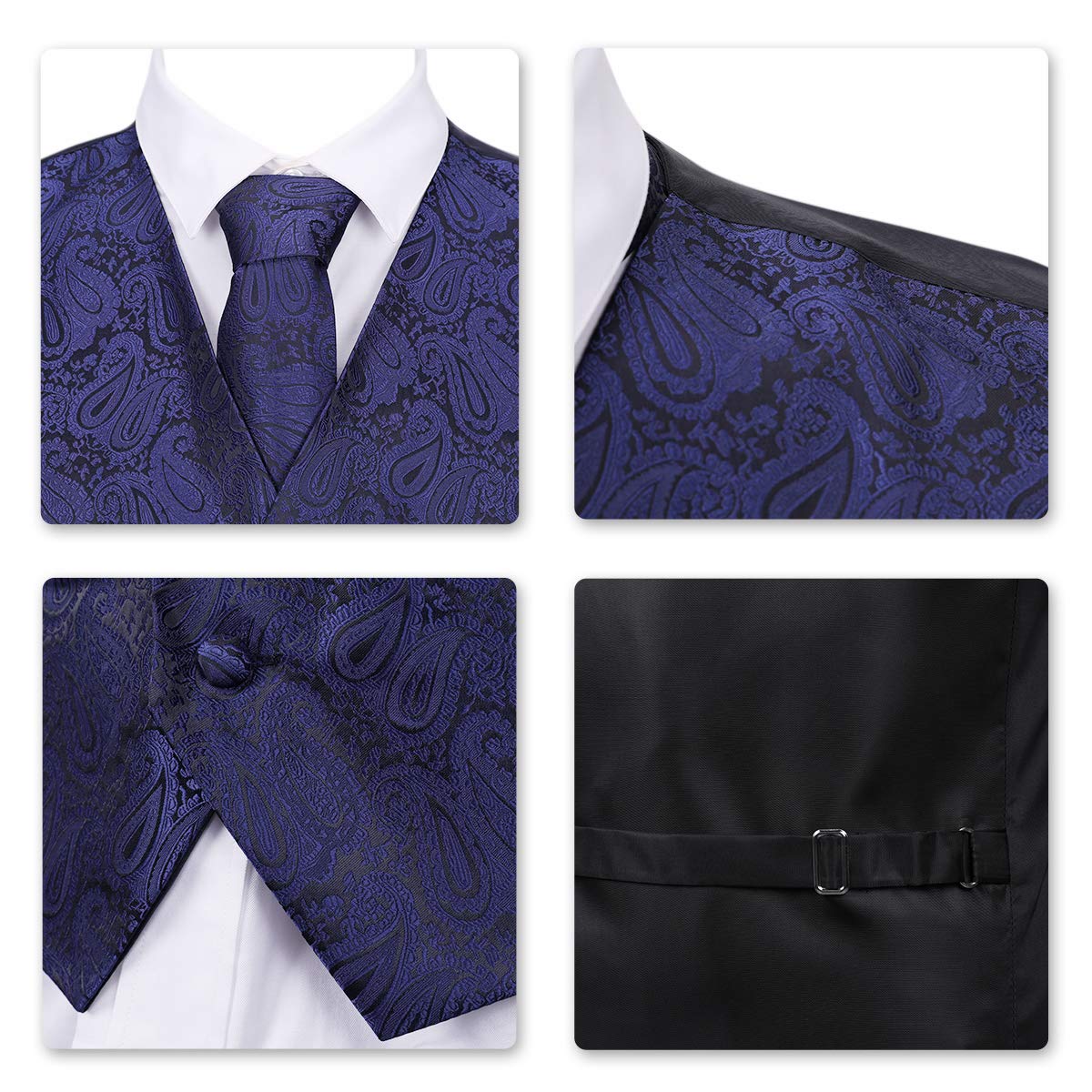 YFFUSHI Men's 3pc Vest Set Floral Waistcoat Necktie Pocket Square Navy