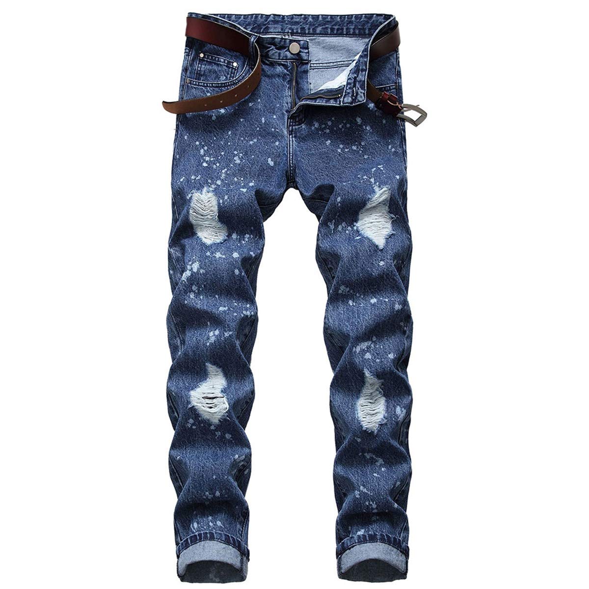 YFFUSHI Mens Ripped Distressed Stretch Jeans Pants Skinny Slim Fit Straight Leg Fashion Pants Blue 1